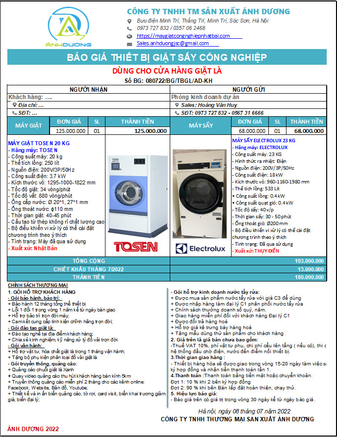 Báo giá máy giặt công nghiệp Tosen 20kg MOX-20C