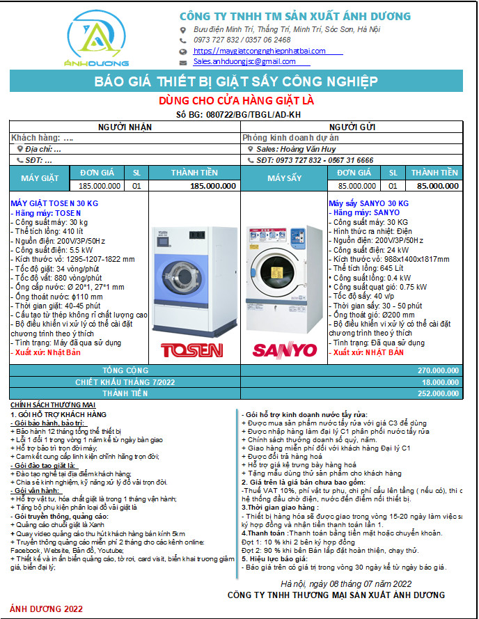Báo giá máy giặt công nghiệp Tosen 30kg  cũ nhật bãi